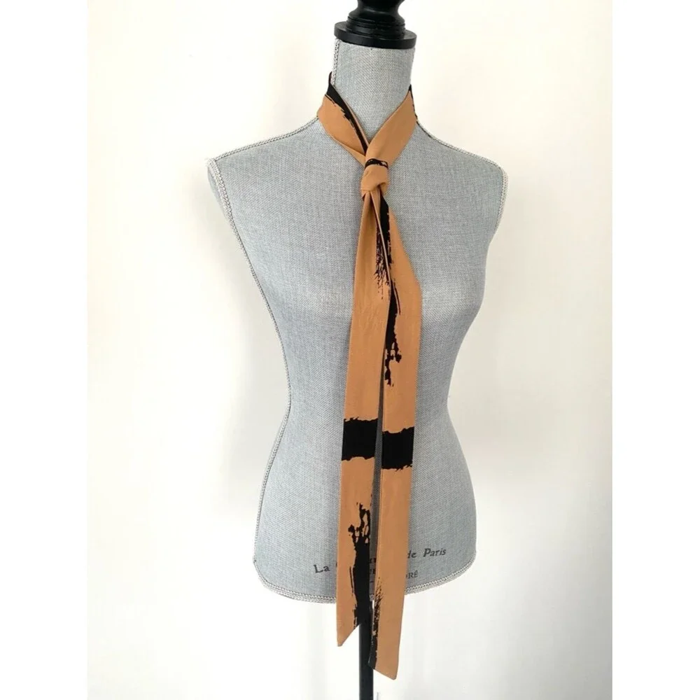 Skinny Scarf Tie in Camel Brown & Black Abstract Print Effortlessly Chic Minimal